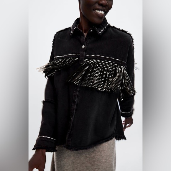 ZARA DENIM EMBELLISHED FRINGE BUTTON UP SHIRT JACKET SIZE SMALL IN BLACK - Picture 3 of 16